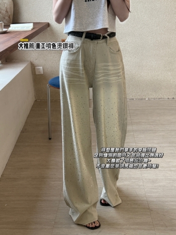 【Z830580】重工燙鑽淺刷色磨白闊腿褲(附腰帶)
