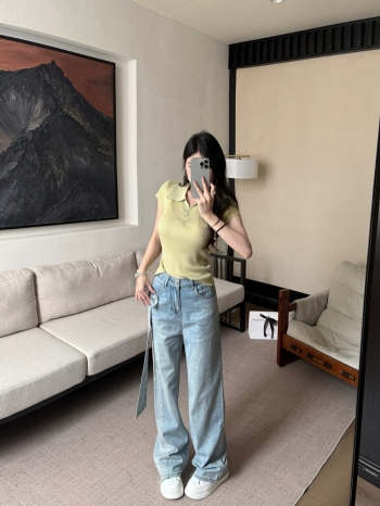 【Z830495】翻領單釦彈力羅紋針織短袖