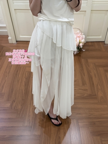 【Z830571】絕美不規則荷葉邊蕾絲雪紡裙