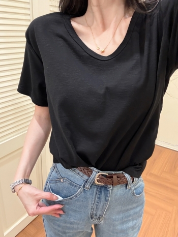 【Z830576】百搭純色V領雪花棉短T