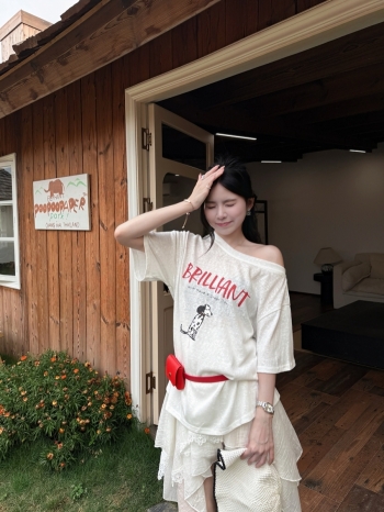 【Z830582】卡通小狗印花短T+不規則蕾絲裙套裝