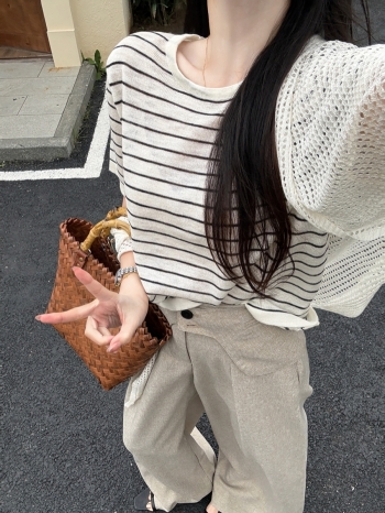 【Z830585】縷空披肩+條紋針織短袖兩件套