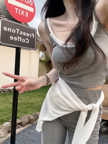 【Z830622】假兩件吊帶+罩衫休閒褲套裝