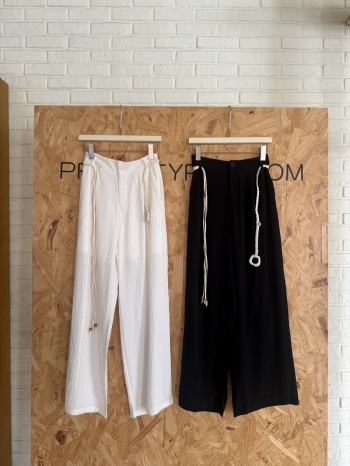 【Z830649】鬆弛感亞麻休閒闊腿褲(附編織腰鍊)