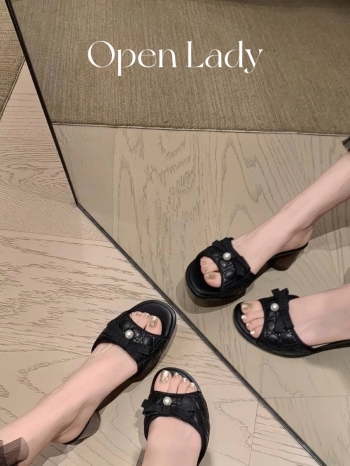 【Z830631】小香風珍珠蝴蝶結粗跟涼拖鞋