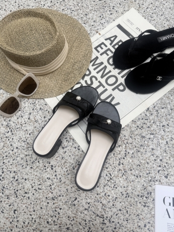 【Z830631】小香風珍珠蝴蝶結粗跟涼拖鞋