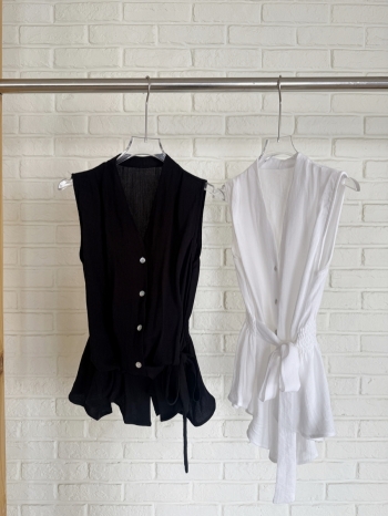 【Z830636】韓系氣質V領排釦綁帶收腰背心