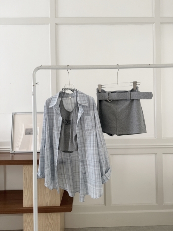 【Z830641】慵懶系美式格紋襯衫吊帶短褲三件套