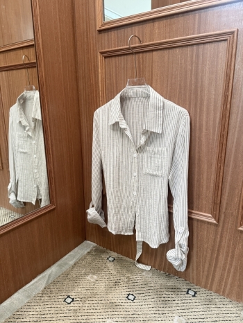 【Z830646】韓系知性風細條紋肌理感棉麻襯衫