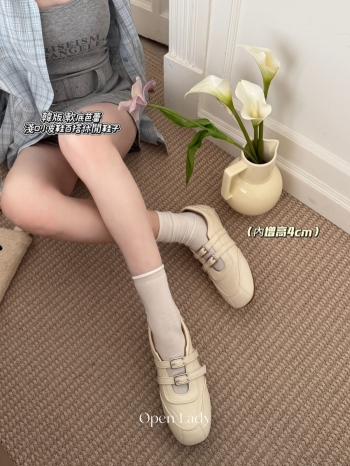 【Z830633】內增高平底方頭雙釦真皮瑪麗珍鞋
