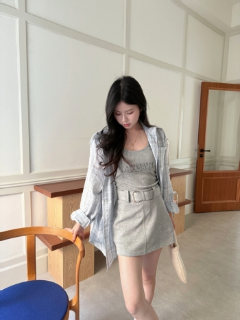 【Z830641】慵懶系美式格紋襯衫吊帶短褲三件套