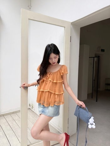 【Z830711】甜美蕾絲拼接小飛袖雪紡衫