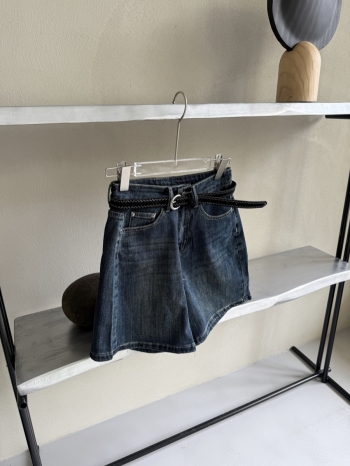 【Z830796】復古深藍色高腰牛仔五分闊腿庫(附腰帶)