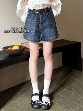 【Z830790】小馬皮標撞色縫牛仔短褲(附腰帶)