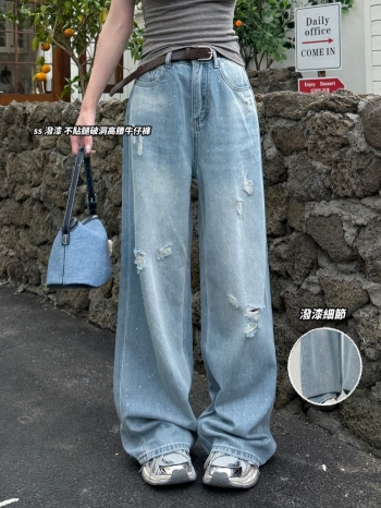 【Z830836】水洗淺色磨白刷破潑漆牛仔褲(附腰帶)