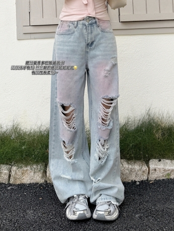【Z830866】美式重工燙鑽腮紅破洞牛仔褲
