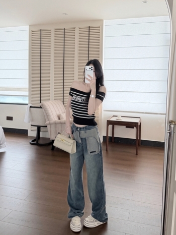 【Z830952】做舊磨白街頭風拼接闊腿牛仔褲