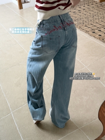 【Z830950】美式復古竹節紋刺繡彎刀牛仔褲