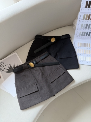 【Z831364】前口袋設計毛呢短裙(附腰帶)