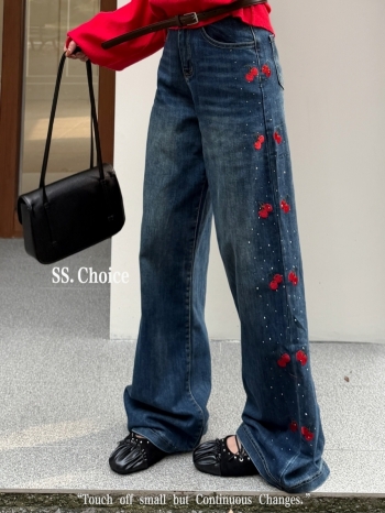 【Z831376】韓系甜美櫻桃刺繡燙鑽牛仔褲
