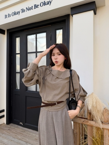 【Z831382】不對稱露肩綁帶收腰長袖襯衫
